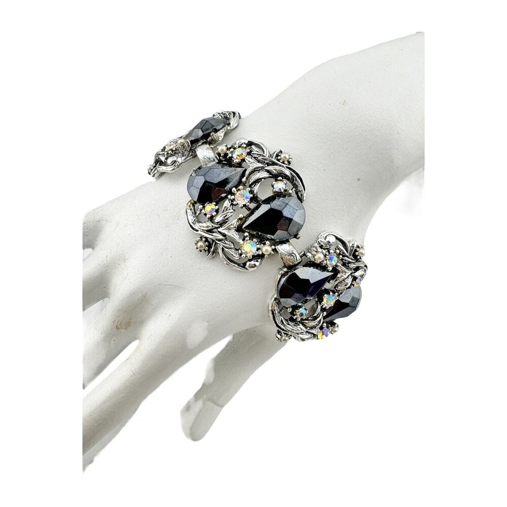 Vintage POME Signed AB & Black Pear Shaped Rhinestone Silver Tone Bracelet